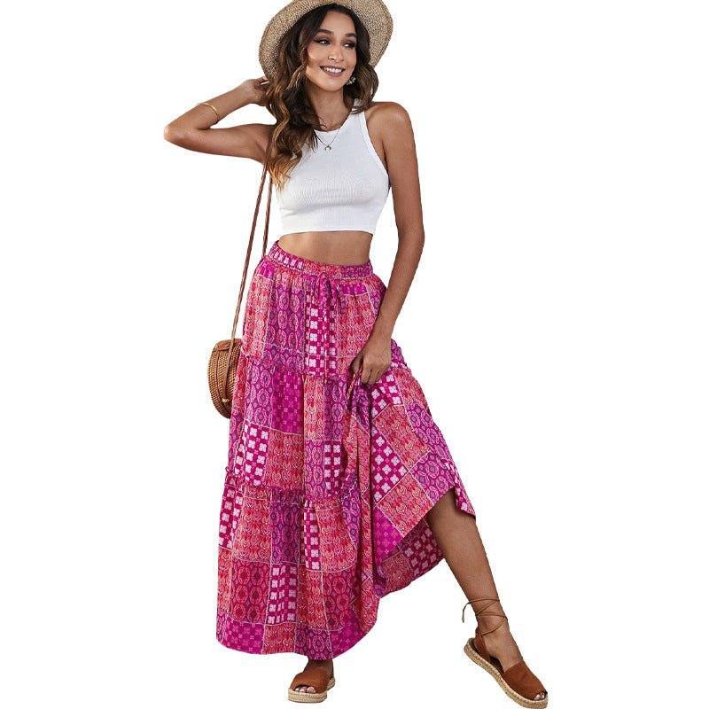 Summer Bohemian Beach Women Skirt Vintage High Waist Elastic Printed Clothing Loose Casual Elegant