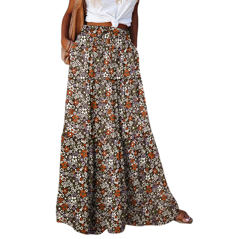 Summer Bohemian Beach Women Skirt Vintage High Waist Elastic Printed Clothing Loose Casual Elegant