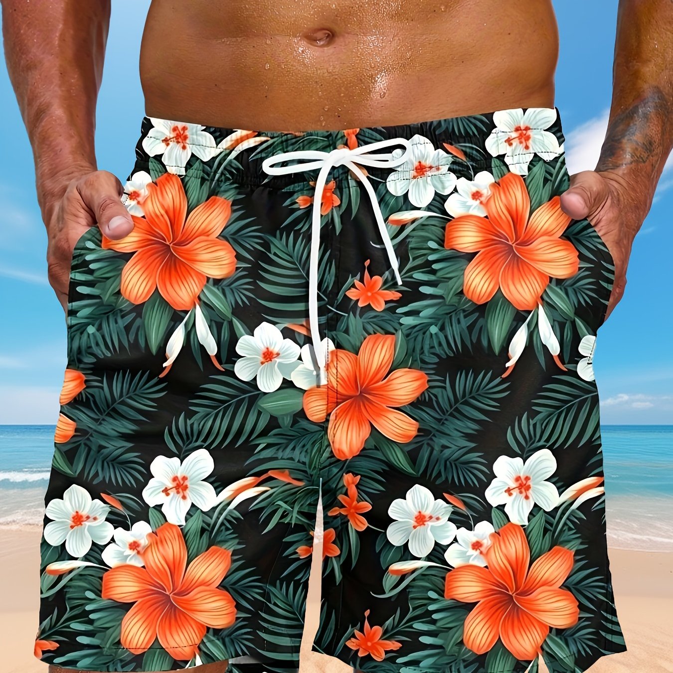 Men's Floral Graphic Print Shorts With Pockets