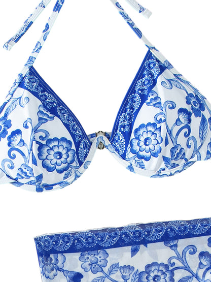 Women's  Flower Print 3pcs Bikini Set