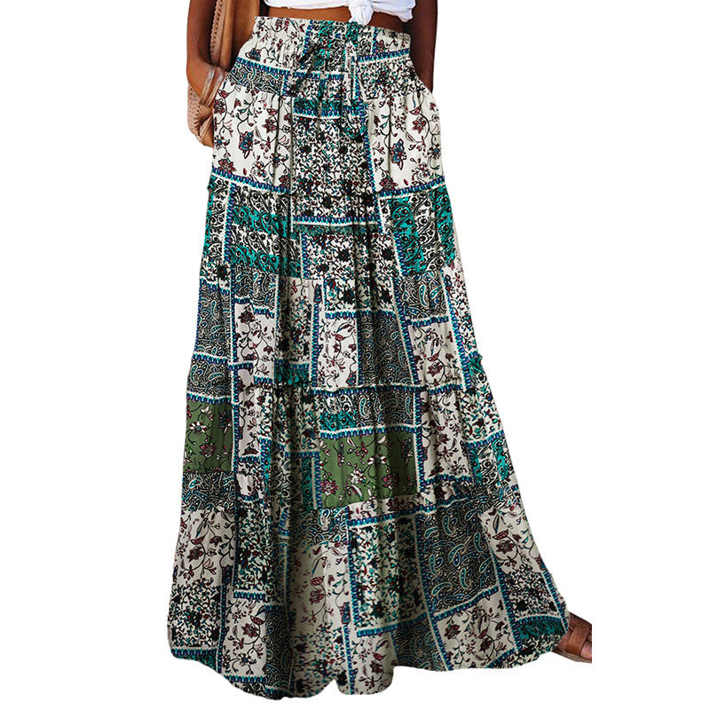 Summer Bohemian Beach Women Skirt Vintage High Waist Elastic Printed Clothing Loose Casual Elegant