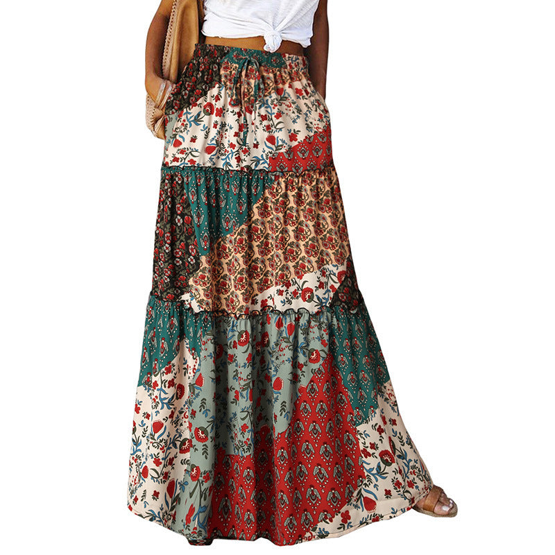 Summer Bohemian Beach Women Skirt Vintage High Waist Elastic Printed Clothing Loose Casual Elegant