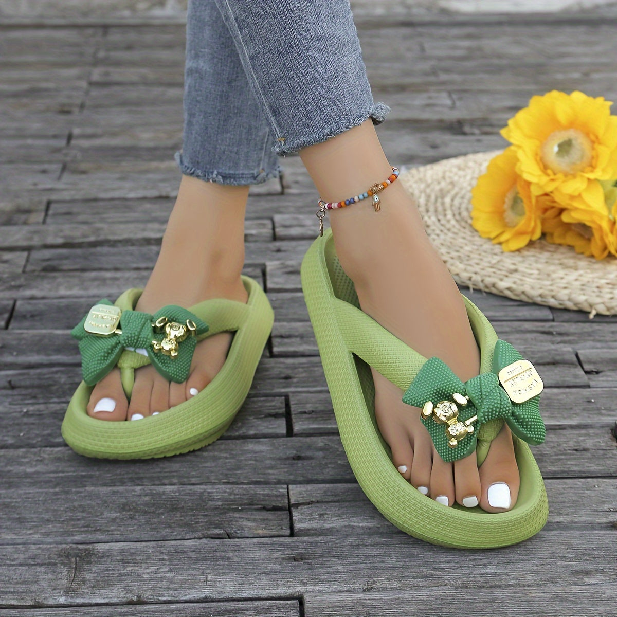 Women's Slip-On Mules with Golden Buckle Bow Sandals