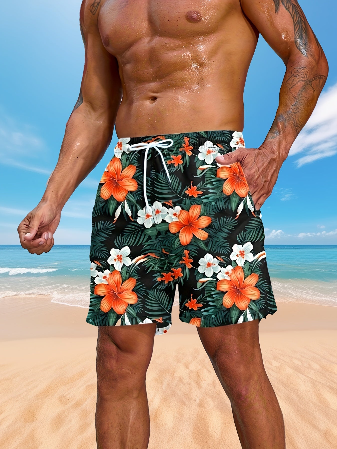Men's Floral Graphic Print Shorts With Pockets