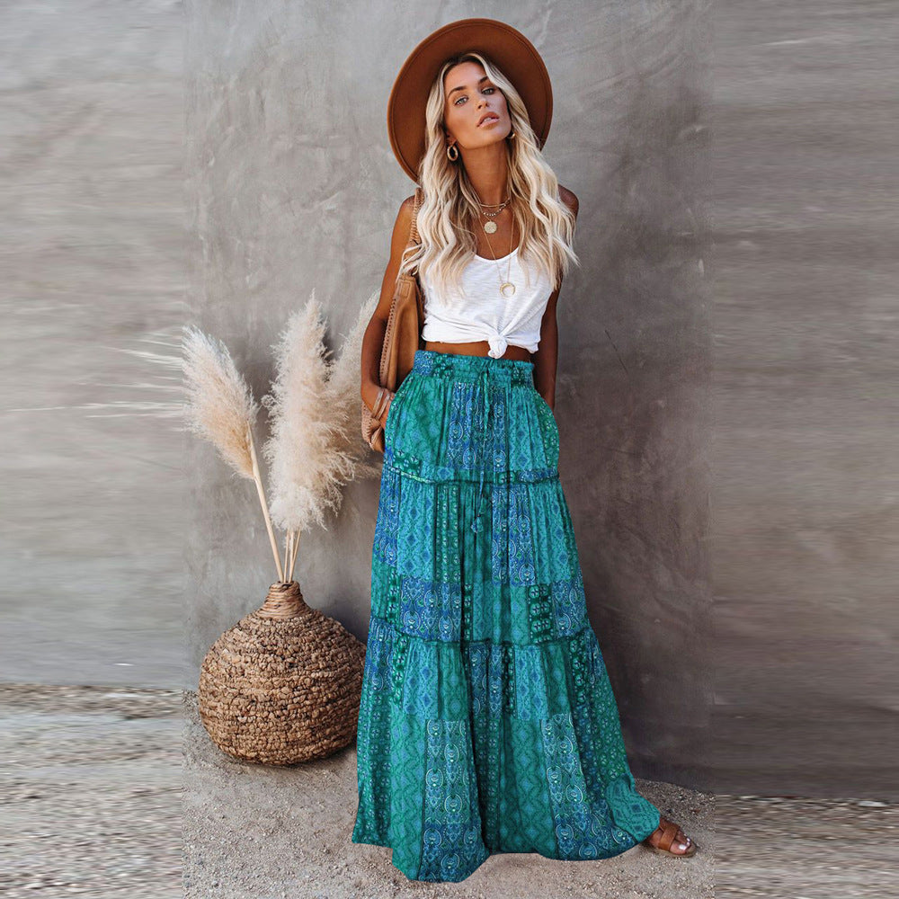 Summer Bohemian Beach Women Skirt Vintage High Waist Elastic Printed Clothing Loose Casual Elegant