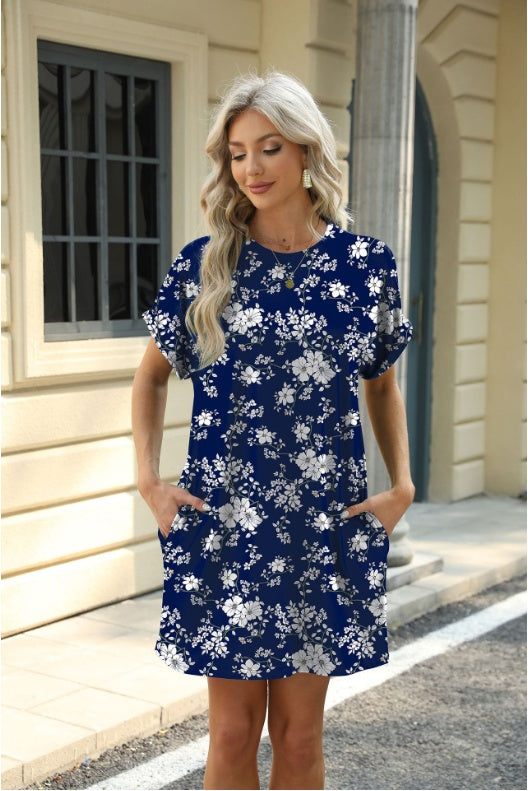 Loose Crew Neck Short Sleeve Printed Pocket Dress