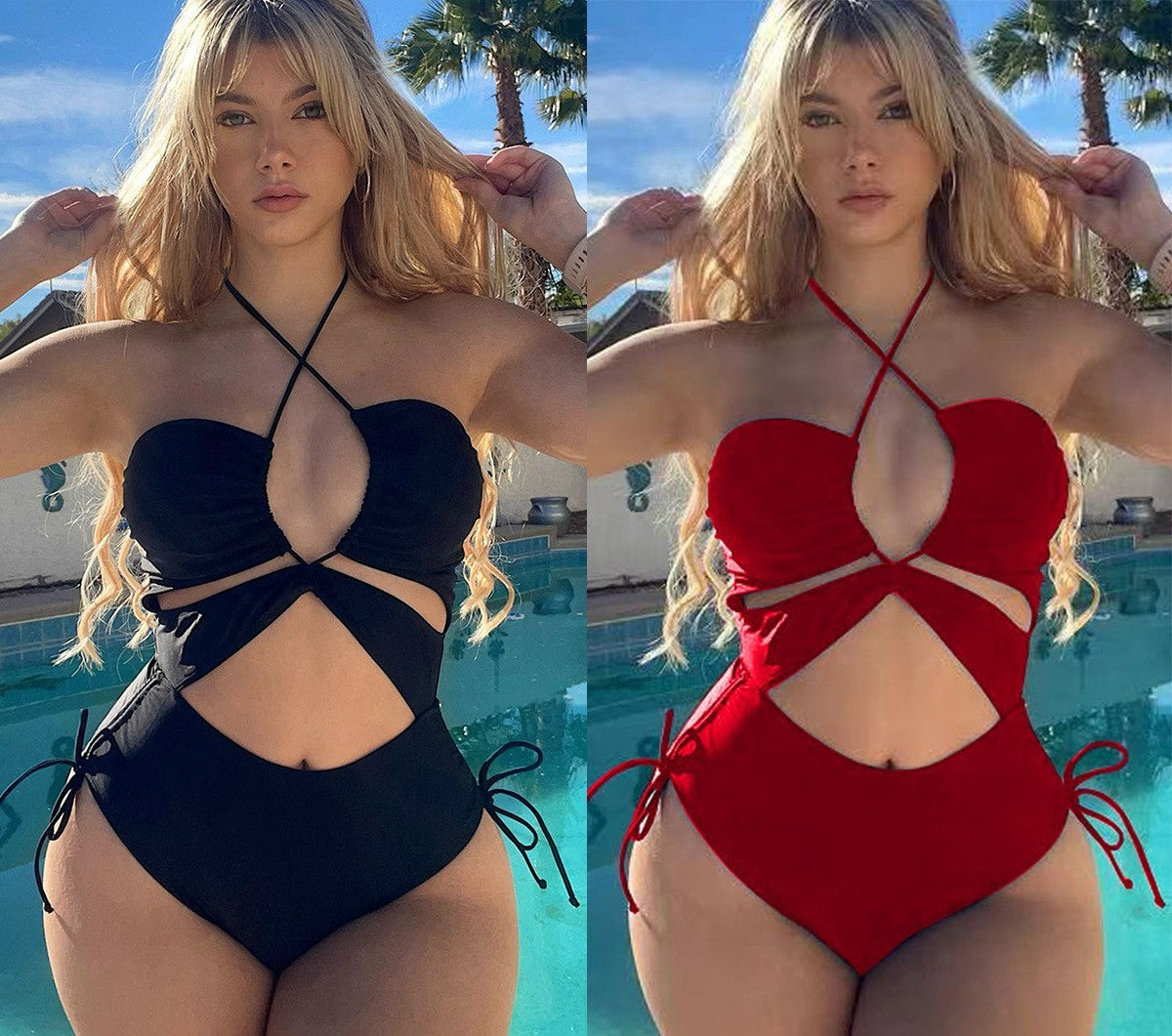 2024 Drawstring Swimsuit Solid Cut Out Knot Halter One Piece Swimwear Women Padded Bathing Suit Female Swimming Summer Beachwear - Empire P. E