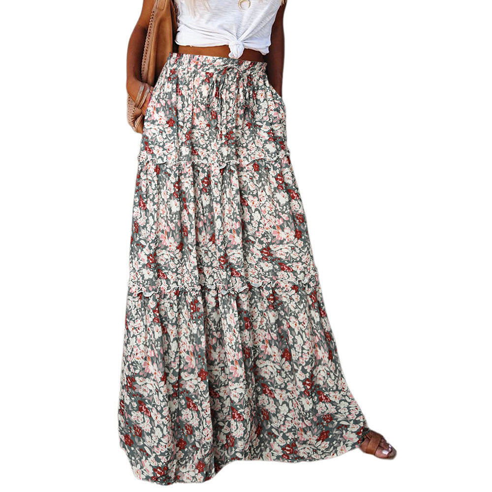 Summer Bohemian Beach Women Skirt Vintage High Waist Elastic Printed Clothing Loose Casual Elegant