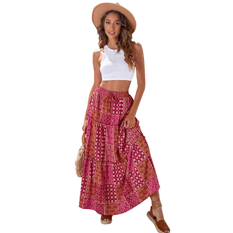 Summer Bohemian Beach Women Skirt Vintage High Waist Elastic Printed Clothing Loose Casual Elegant