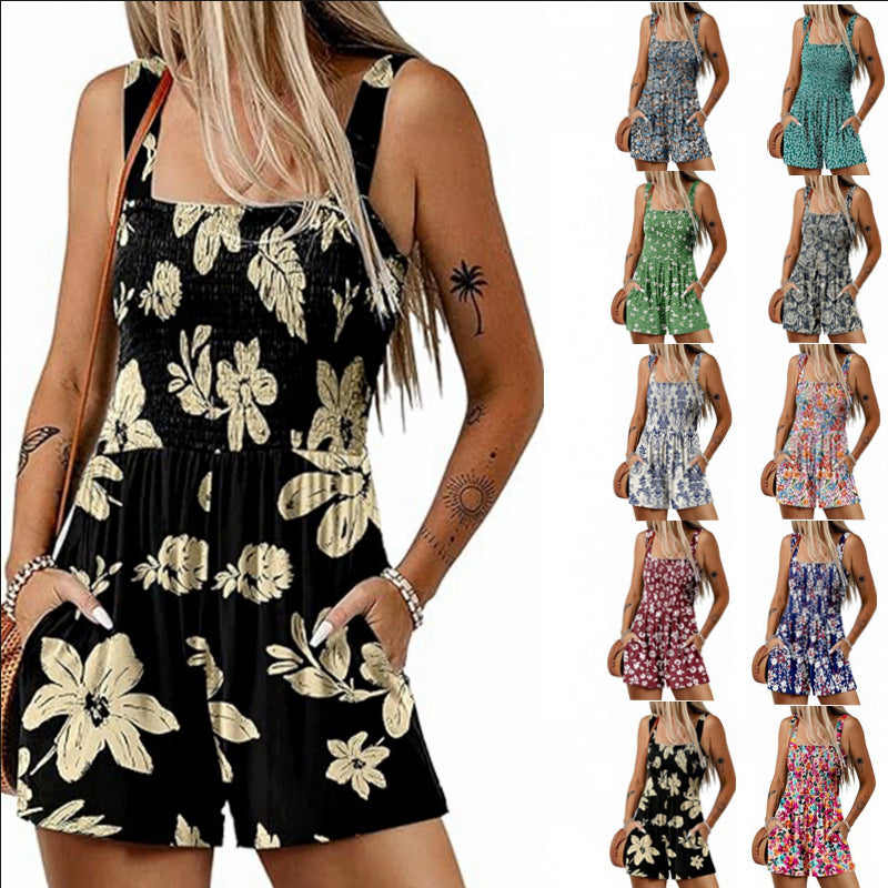 Flower Print Shorts Jumpsuit Summer Fashion Sleeveless Beach Bodysuit - Empire P. E