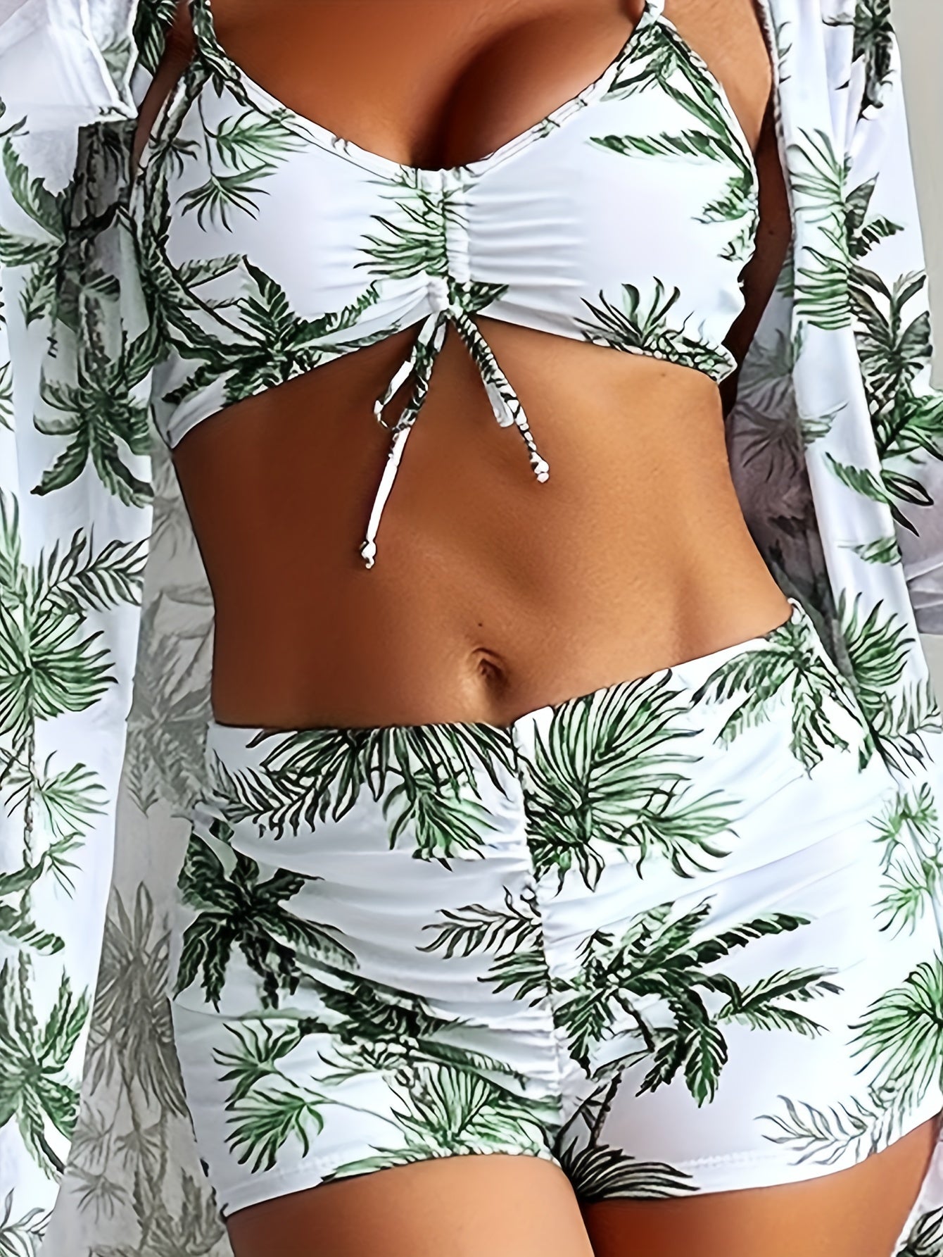 Elegant Tropical Print High-Waist Bikini Set