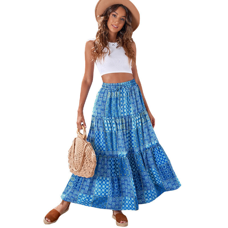 Summer Bohemian Beach Women Skirt Vintage High Waist Elastic Printed Clothing Loose Casual Elegant