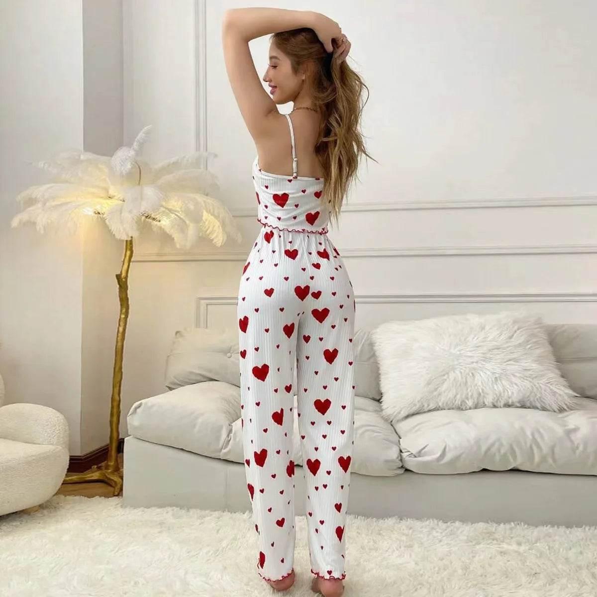 Women pajamas plus size pajamas set 2 piece short vest + trouser white breathable soft casual love print - Empire P.E