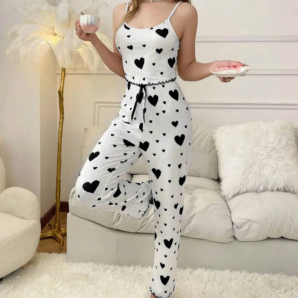 Women pajamas plus size pajamas set 2 piece short vest + trouser white breathable soft casual love print - Empire P.E