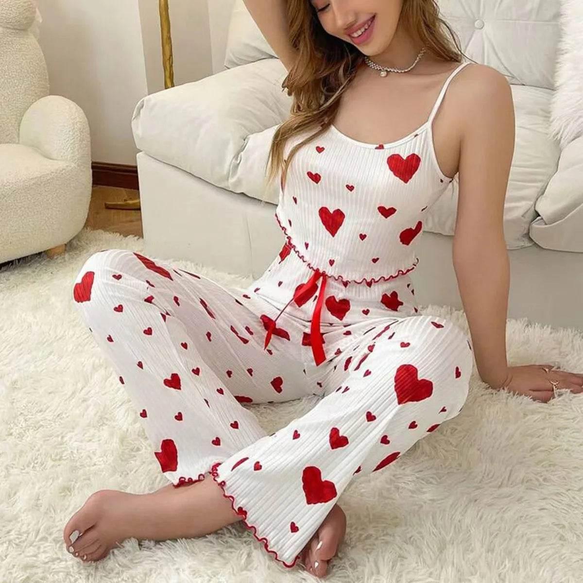 Women pajamas plus size pajamas set 2 piece short vest + trouser white breathable soft casual love print - Empire P.E