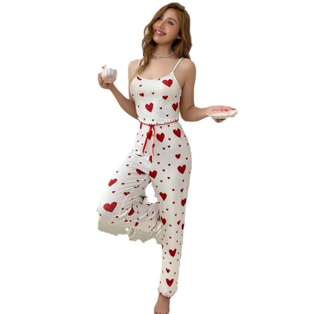 Women pajamas plus size pajamas set 2 piece short vest + trouser white breathable soft casual love print - Empire P.E