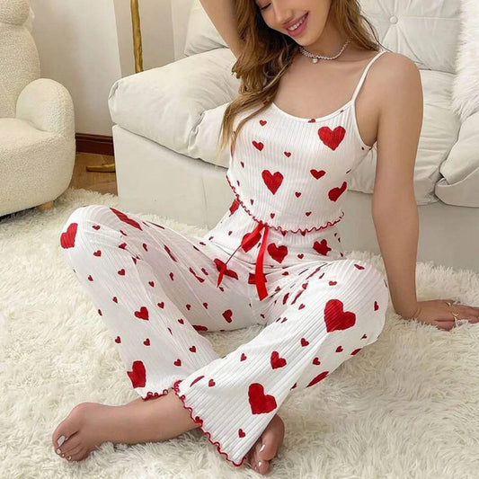 Women pajamas plus size pajamas set 2 piece short vest + trouser white breathable soft casual love print - Empire P.E