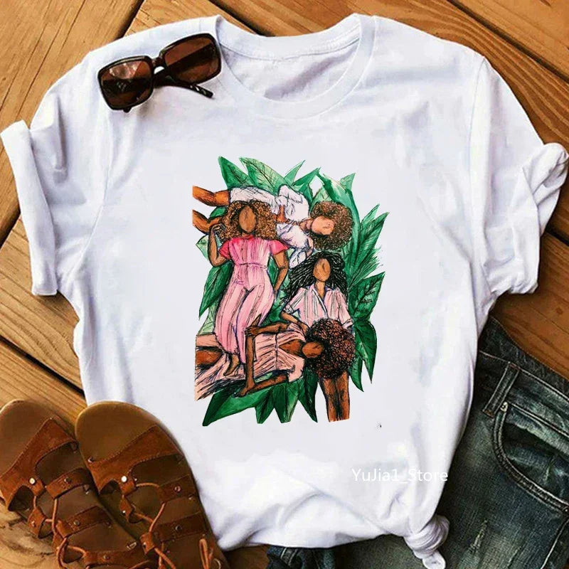 Flower Curly Puff Hair African Black Girl Print Tee Shirt - Empire P.E