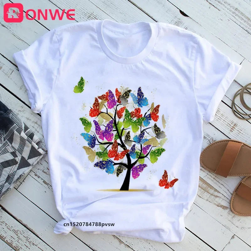Woman Butterfly Tree Print T-Shirt - Empire P.E