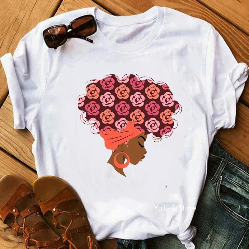 Flower Curly Puff Hair African Black Girl Print Tee Shirt - Empire P.E