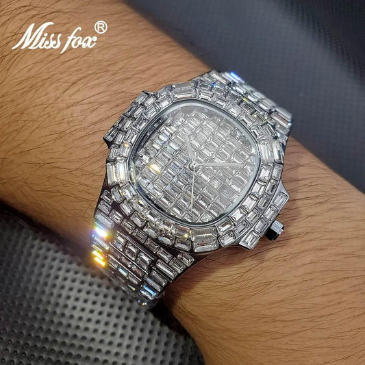 Luxury Iced Out Watch For Men Hip Hop Diamond Silver Quartz reloj hombre High End Dive Stainless Steel Male Watches Dropshipping - Empire P.E