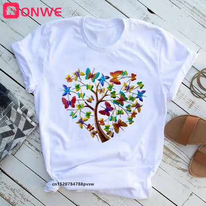 Woman Butterfly Tree Print T-Shirt - Empire P.E