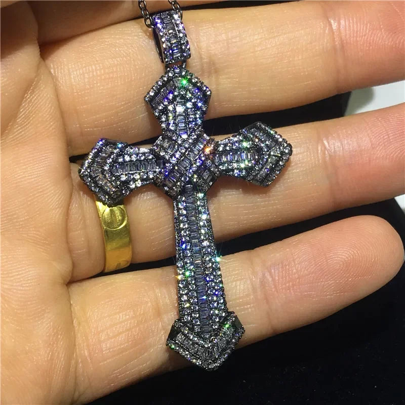 14K Gold Long Diamond Cross Pendant & 925 Sterling Silver - Empire P.E