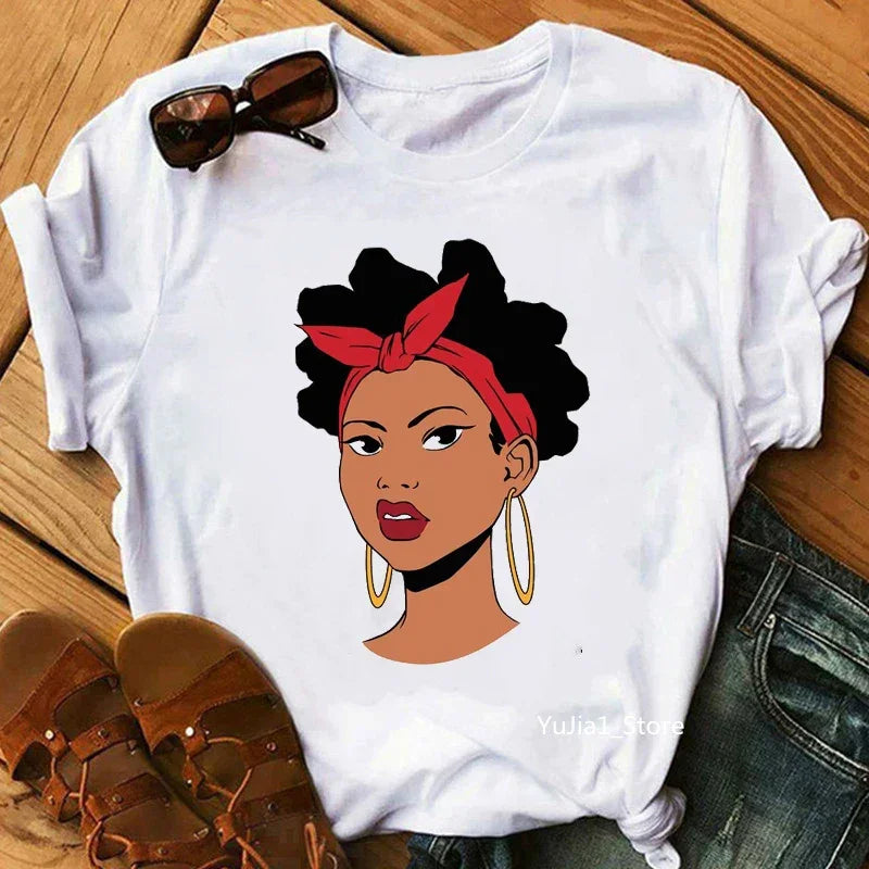Flower Curly Puff Hair African Black Girl Print Tee Shirt - Empire P.E