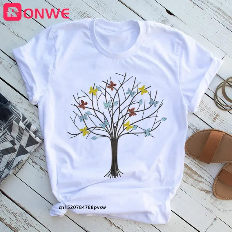 Woman Butterfly Tree Print T-Shirt - Empire P.E