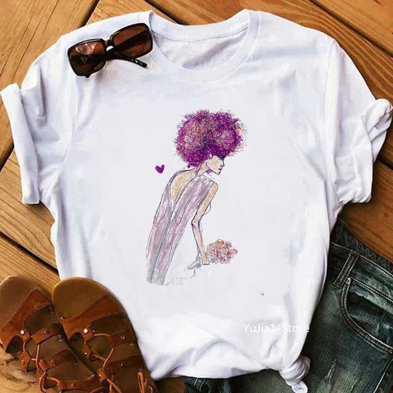 Flower Curly Puff Hair African Black Girl Print Tee Shirt - Empire P.E