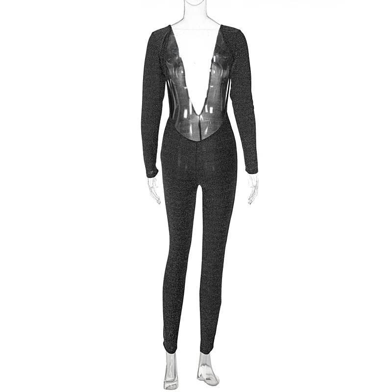 Hugcitar Bling Glitter Women Deep V Neck Backless Skinny Jumpsuit 2022 New Bodycon Sexy Streetwear Party Club Elegant Shine - Empire P.E