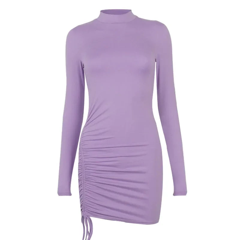 Long Sleeve Ruched Bodycon Dress Women Turtleneck Bandage Mini Dresses Autumn Black Skinny Stretchy Party Vestidos - Empire P.E