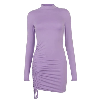 Long Sleeve Ruched Bodycon Dress Women Turtleneck Bandage Mini Dresses Autumn Black Skinny Stretchy Party Vestidos - Empire P.E