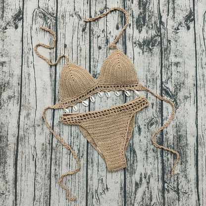 Adjustable Halter Neck Straps with Shell Accents Solid Color Two-Piece Swimwear