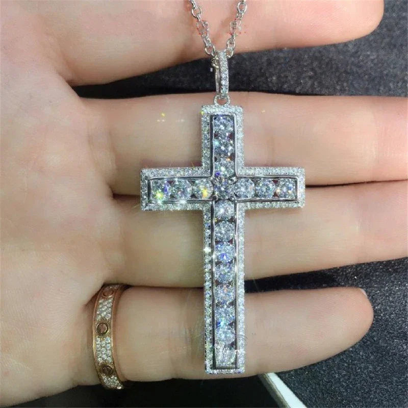 14K Gold Long Diamond Cross Pendant & 925 Sterling Silver - Empire P.E