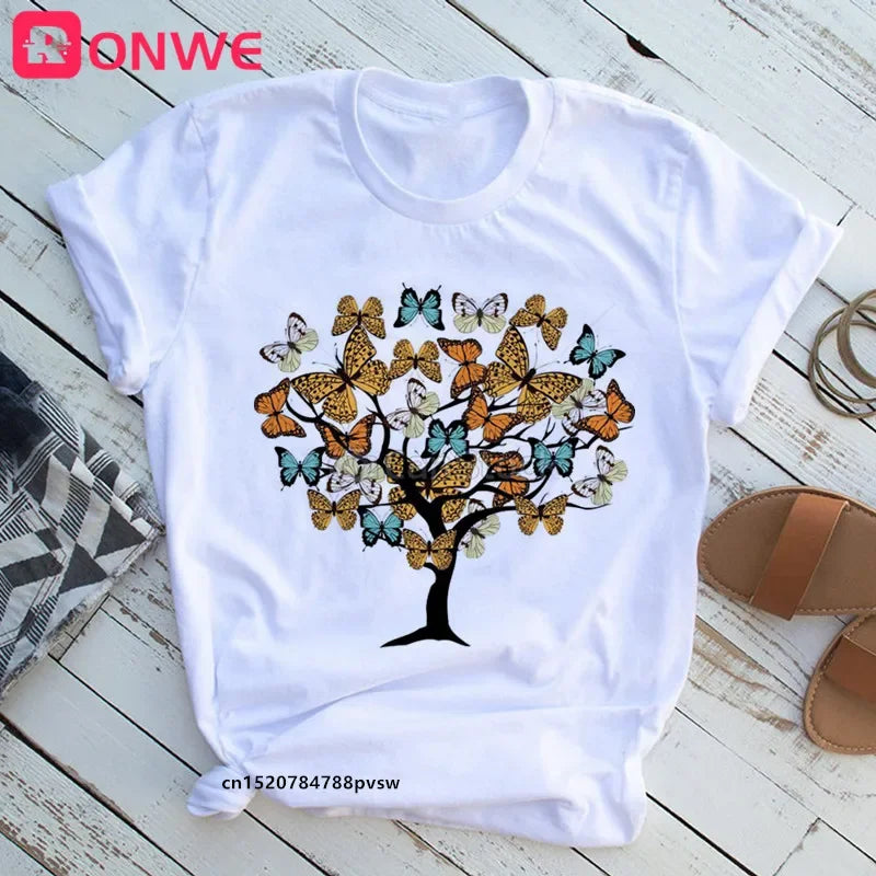 Woman Butterfly Tree Print T-Shirt - Empire P.E