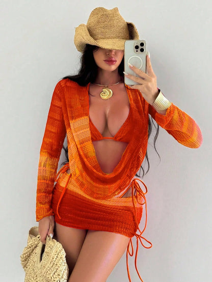 Women's 2026 Tie-dye Print Beach Dress Sexy Bikini 4 Piece Set