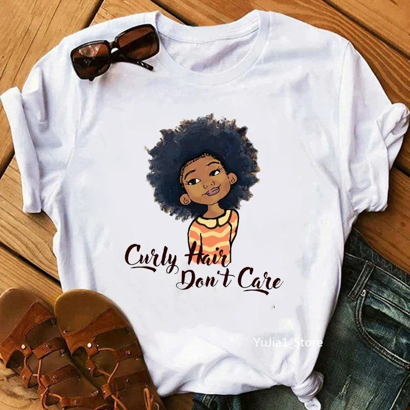 Flower Curly Puff Hair African Black Girl Print Tee Shirt - Empire P.E