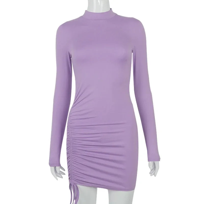Long Sleeve Ruched Bodycon Dress Women Turtleneck Bandage Mini Dresses Autumn Black Skinny Stretchy Party Vestidos - Empire P.E
