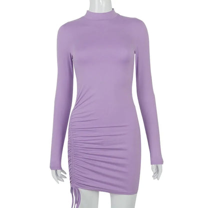 Long Sleeve Ruched Bodycon Dress Women Turtleneck Bandage Mini Dresses Autumn Black Skinny Stretchy Party Vestidos - Empire P.E
