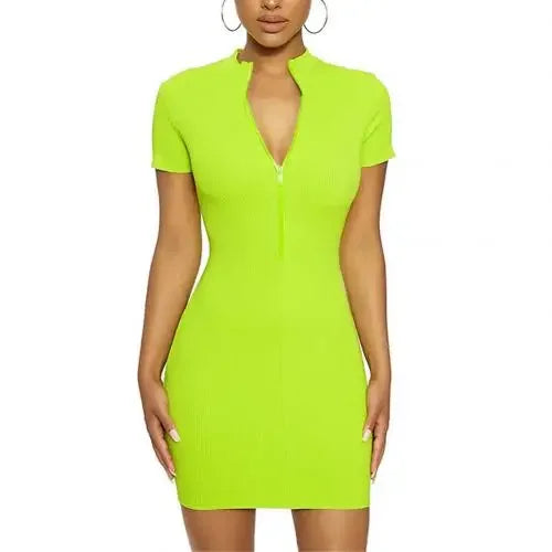 Summer Women Sexy Vestidos Solid Color Mock Neck Short Sleeve - Empire P.E