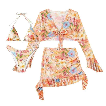 2026 New European and American Printed Trendy Beach Dress Four-piece Bikini Set