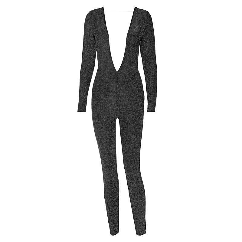 Hugcitar Bling Glitter Women Deep V Neck Backless Skinny Jumpsuit 2022 New Bodycon Sexy Streetwear Party Club Elegant Shine - Empire P.E