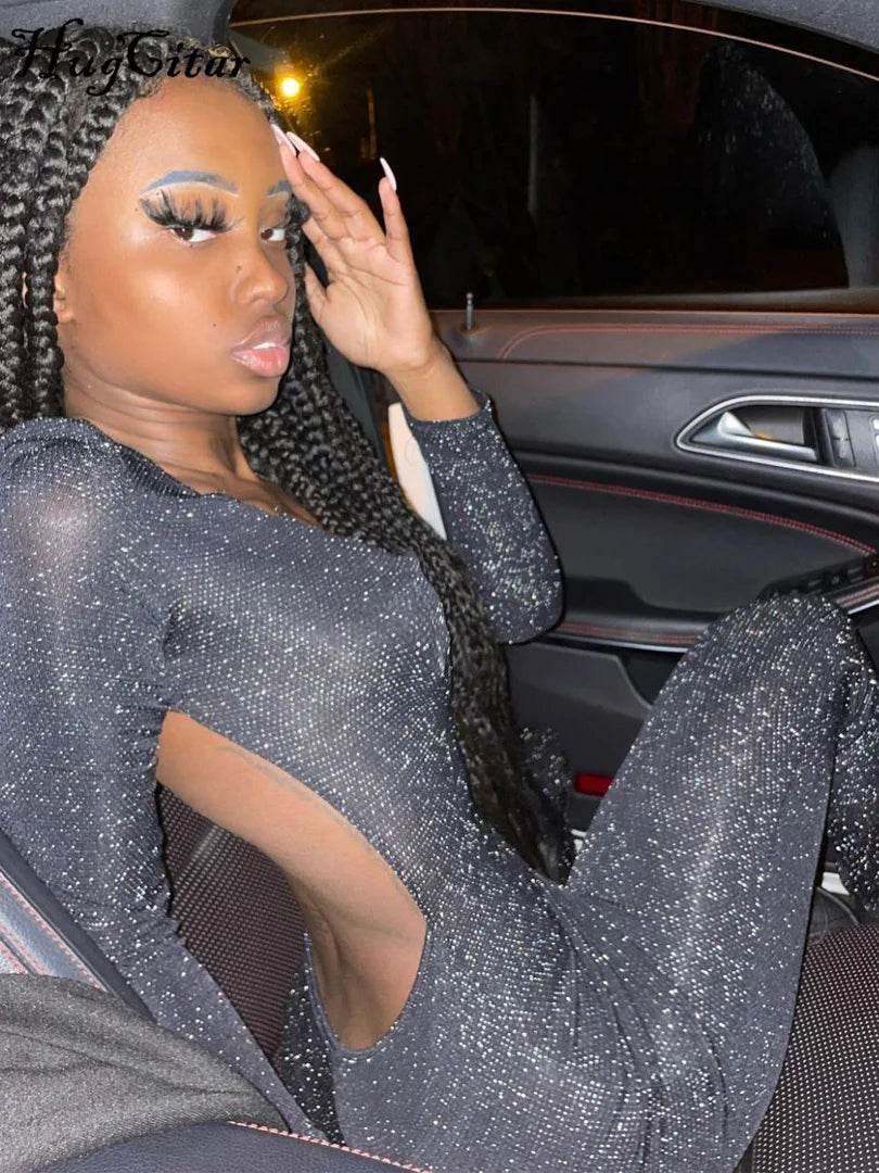Hugcitar Bling Glitter Women Deep V Neck Backless Skinny Jumpsuit 2022 New Bodycon Sexy Streetwear Party Club Elegant Shine - Empire P.E