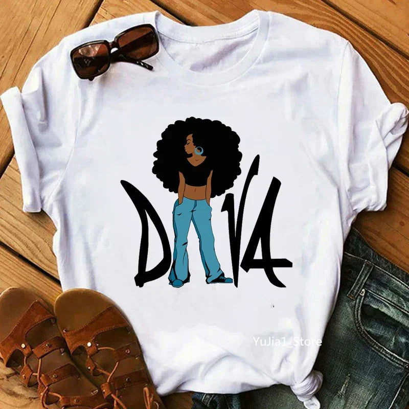 Flower Curly Puff Hair African Black Girl Print Tee Shirt - Empire P.E