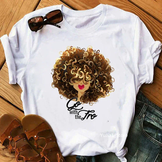 Flower Curly Puff Hair African Black Girl Print Tee Shirt - Empire P.E