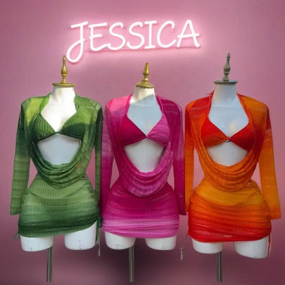 Women's 2026 Tie-dye Print Beach Dress Sexy Bikini 4 Piece Set