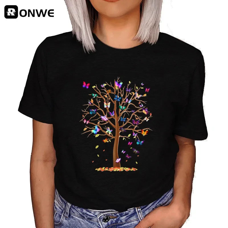 Woman Butterfly Tree Print T-Shirt - Empire P.E