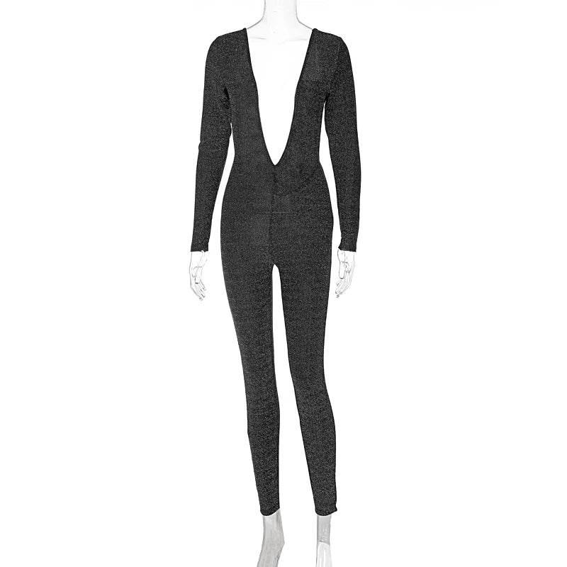 Hugcitar Bling Glitter Women Deep V Neck Backless Skinny Jumpsuit 2022 New Bodycon Sexy Streetwear Party Club Elegant Shine - Empire P.E