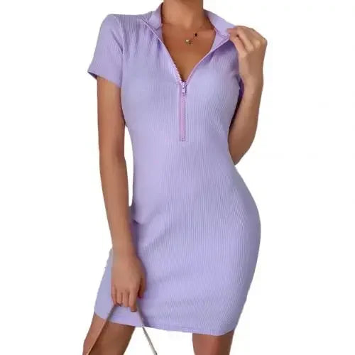 Summer Women Sexy Vestidos Solid Color Mock Neck Short Sleeve - Empire P.E